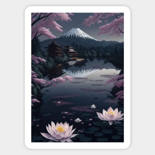 Serene Mount Fuji Sunset - Peaceful River Scenery - Lotus Flowers Sticker